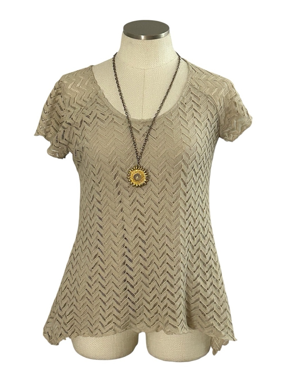 Brittany Black Chevron Knit Tunic Top Beige Lace Boho Flutter Sleeve
